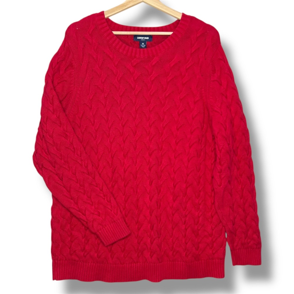 Lands End Women's 1X Red Drifter Cable Knit Sweater‎ 16W 18W Holiday Festive